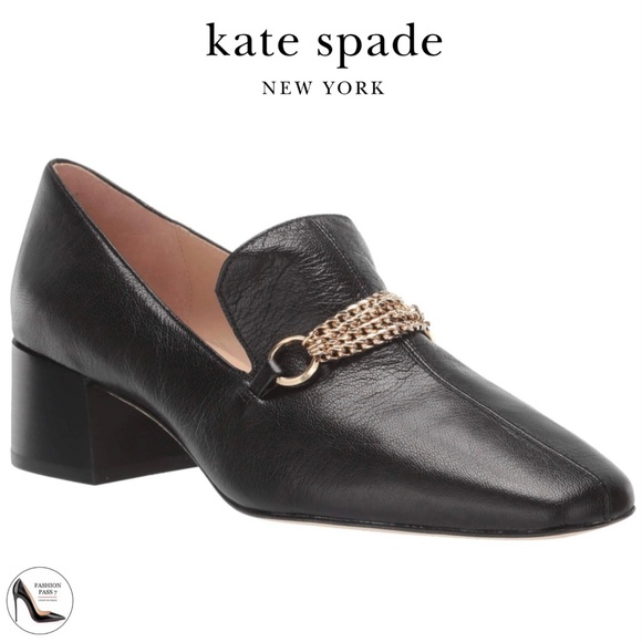 Kate Spade Gabby Black Leather Block Heel Loafer Square Toe Shoes Gold Chain 7.5 - Picture 1 of 8